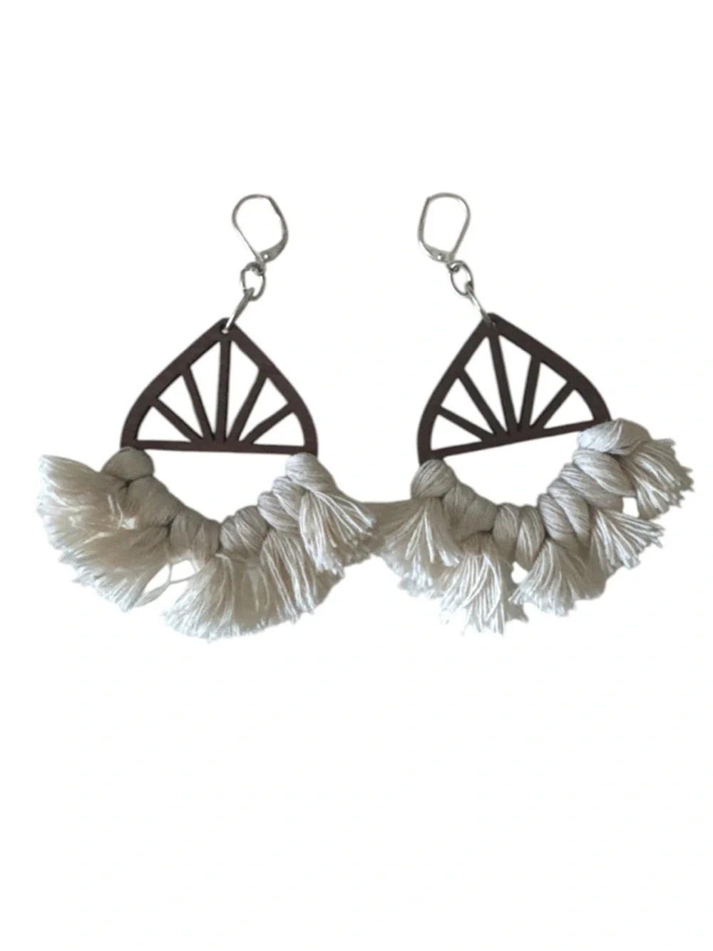 Boho Wood Tassel Statement Fringe Earrings Ivory Brown OS Size